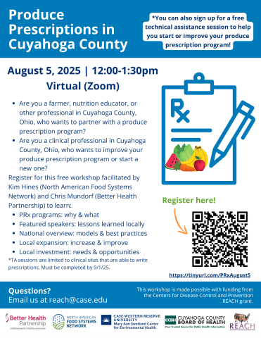 blue and white flier with information about the workshop "Produce Prescriptions in Cuyahoga County"