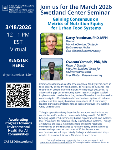 blue and white flier with photos of the presenters (Darcy Freedman and Owusua Yamoah). Description of the seminar and link to register. March 18, 2026 12-1pm Eastern virtual