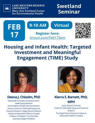 blue and white flier with photos of the presenters Deena J. Chisolm, PhD and Kierra S. Barnett, PhD, MPH. Link to register for the Swetland Seminar. February 17, 2026 9-10am Eastern, virtual