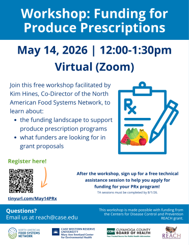 flier for workshop: Funding for Produce Prescriptions, May 14, 2026, 12-1:30pm virtual. Join this free workshop facilitated by Kim Hines, Co-Director of the North American Food Systems Network, to learn about: the funding landscape to support produce prescription programs what funders are looking for in grant proposals. After the workshop, sign up for a free technical assistance session to help you apply for funding for your PRx program!  TA sessions must be completed by 8/1/26.