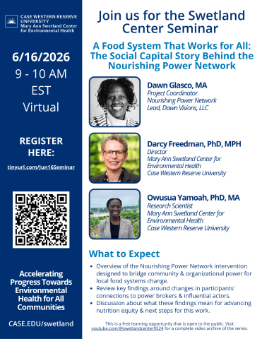flier with photos of the speakers Dawn Glasco, Darcy Freedman, and Owusua Yamoah. Join us for the Swetland Seminar Series: A A Food System That Works for All: The Social Capital Story Behind the Nourishing Power Network. June 16, 2026 from 9:00 - 10:00 AM on Zoom.
