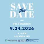 blue and white image. Save the Date PRx Convening 9.24.2026, 6-8 PM, Location TBD