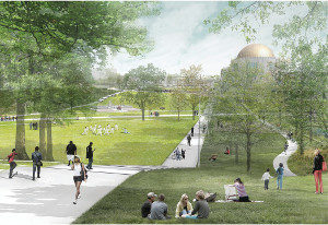An architectural rendering of the future greenway featuring students on sidewalks, sitting in the grass, and playing sports. The performing arts center is in the distance