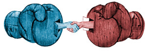 An illustration of blue and red boxing gloves with hands coming from them to shake with one another