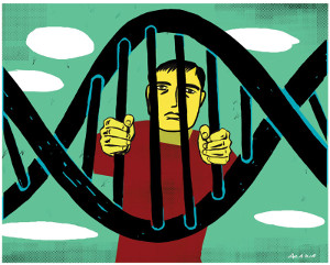 An illustration of a man behind a DNA strand who looks like he's holding prison bars