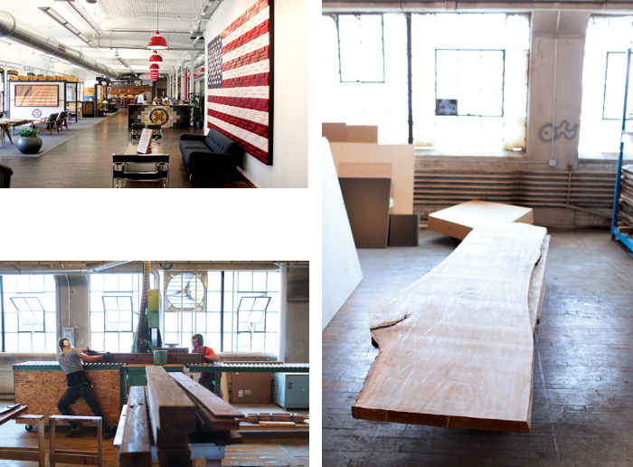 Long shot inside Rustbelt Reclamation with couches, tables, chairs and a large image of an American flag on the wall.