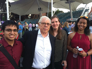 A photo of writer Carl Bernstein standing with three journalists from Case Western Reserve at the Republican National Convention