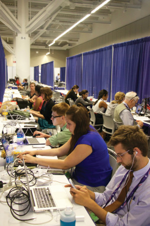 A long table of journalists at the Republican National Convention.