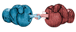 Red and blue boxing gloves with red and blue hands emerging from them to shake hands.
