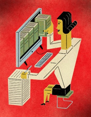 Drawing of a woman multitasking at a desk