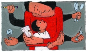 Cartoon of woman hugging child, surrounded by four hands grasping different objects