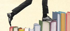 A photo illustration of a man bounding up a set of books