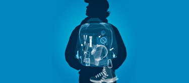 A photo illustration showing the back of a student wearing a backpack. An x-ray image shows various things inside the backpack including headphones and a flashlight