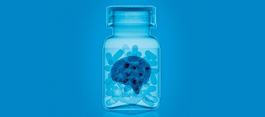 A photo illustration of a pill bottle with x-ray images inside of pills.