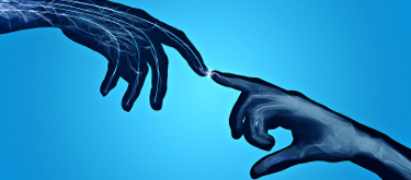 A photo illustration of two hands--one with internal wiring and the other with internal bones. The index fingers reach out and connect with an electrical charge.