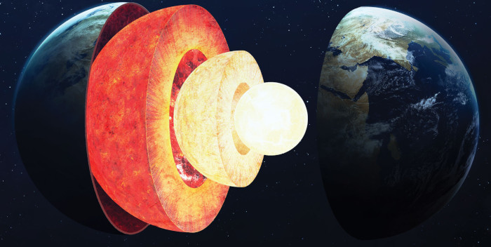 Earth cut in half, showing the layers and core inside.