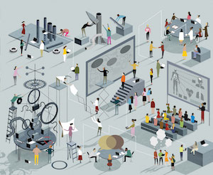 Illustration of the innovative process, including people whiteboarding, teaching, working in groups, building and more.