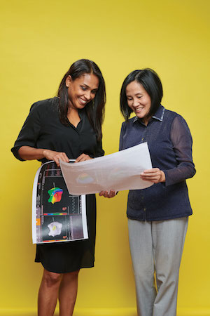 Charu Ramanathan and Ping Jia conversing over an electrical activity map of a heart.