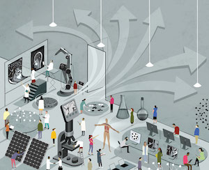 Illustration of the process of scientific discovery, including researchers, people working on computers, solar panels and more.