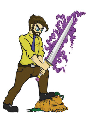 Illustration of a man in business attire holding a flaming sword and stomping on a jack-o-lantern.