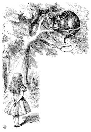 Illustration of Alice from Lewis Carroll's Alice's Adventures in Wonderland talking to a cat in a tree.