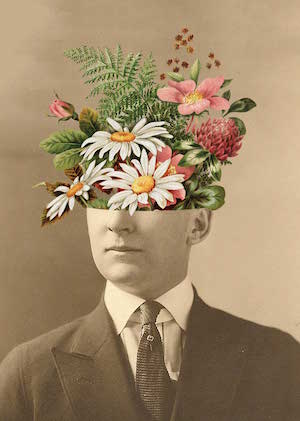 An illustration of vintage, black and white photo of a man with vibrant flower bouquet art coming out the top of his head.