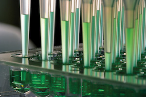 A set of vials filled with green liquid