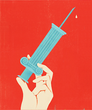 Illustration of a person pushing a syringe shaped like the column of a building