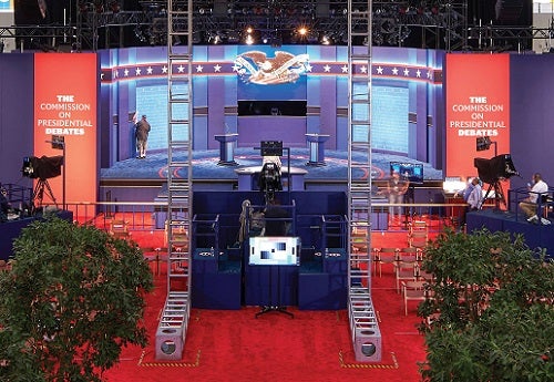 Interior shot of the Samson Pavilion atrium with the debate stage being prepared.