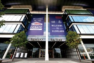 Exterior of the Samson Pavilion, with debate banners hanging from the building.