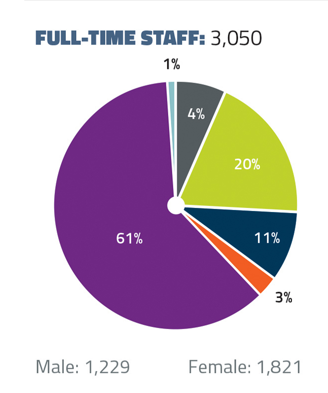 Full-Time Staff: 3,050 (1,229 Males, 1,821 Females). 61% White, 20% African American, 11% Asian, 4% International, 3% Hispanic/Latinx, 1% Multiracial