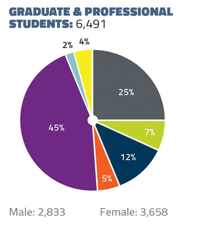 Graduate and Professional Students: 6,491 (2,833 Males, 3,658 Females). 45% White, 25% International, 12% Asian, 7% African American, 5% Hispanic/Latinx, 4% Unknown/Not specified, 2% Multiracial