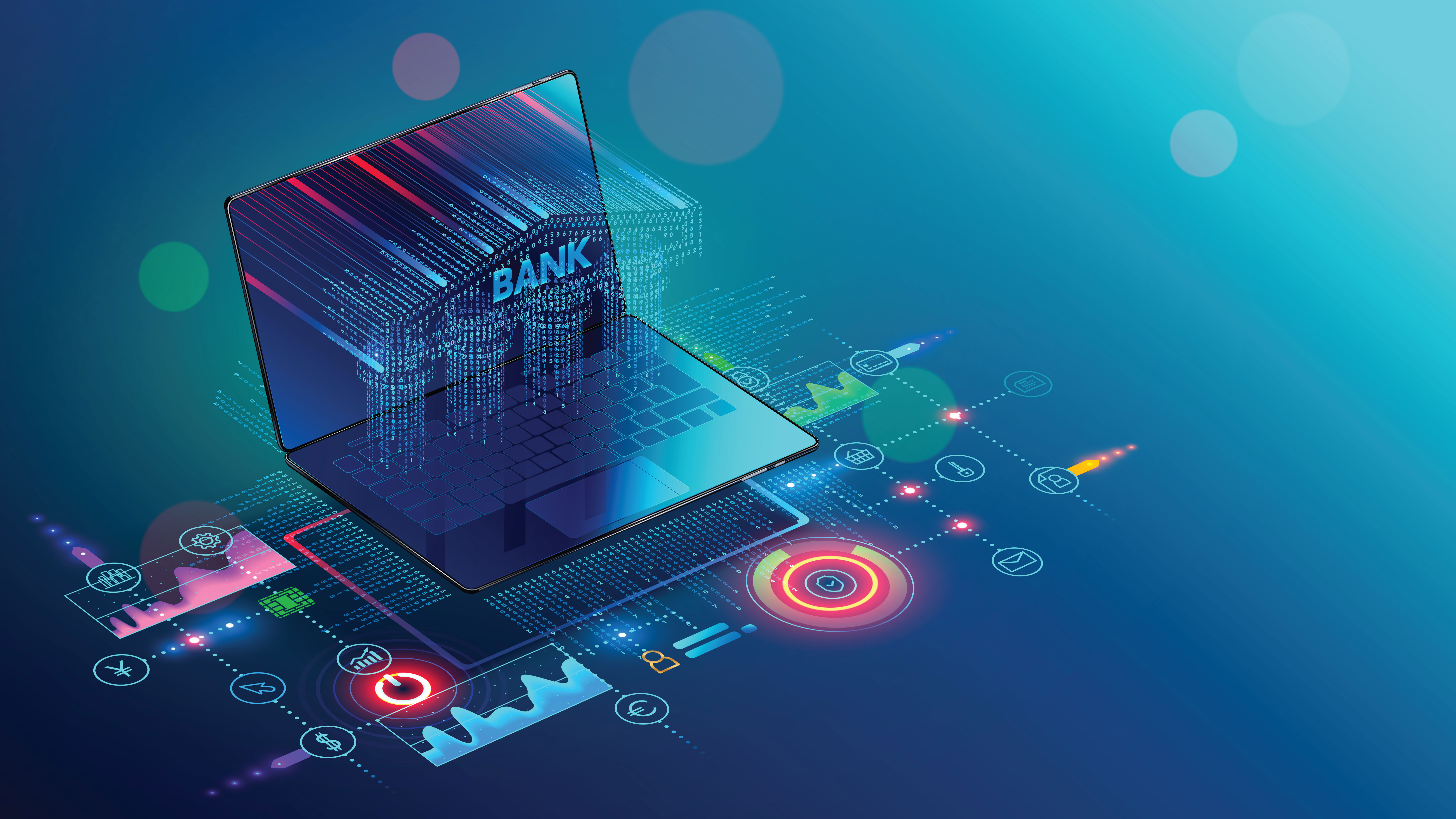 A stock image of a bank alongside stock and analytics graphics