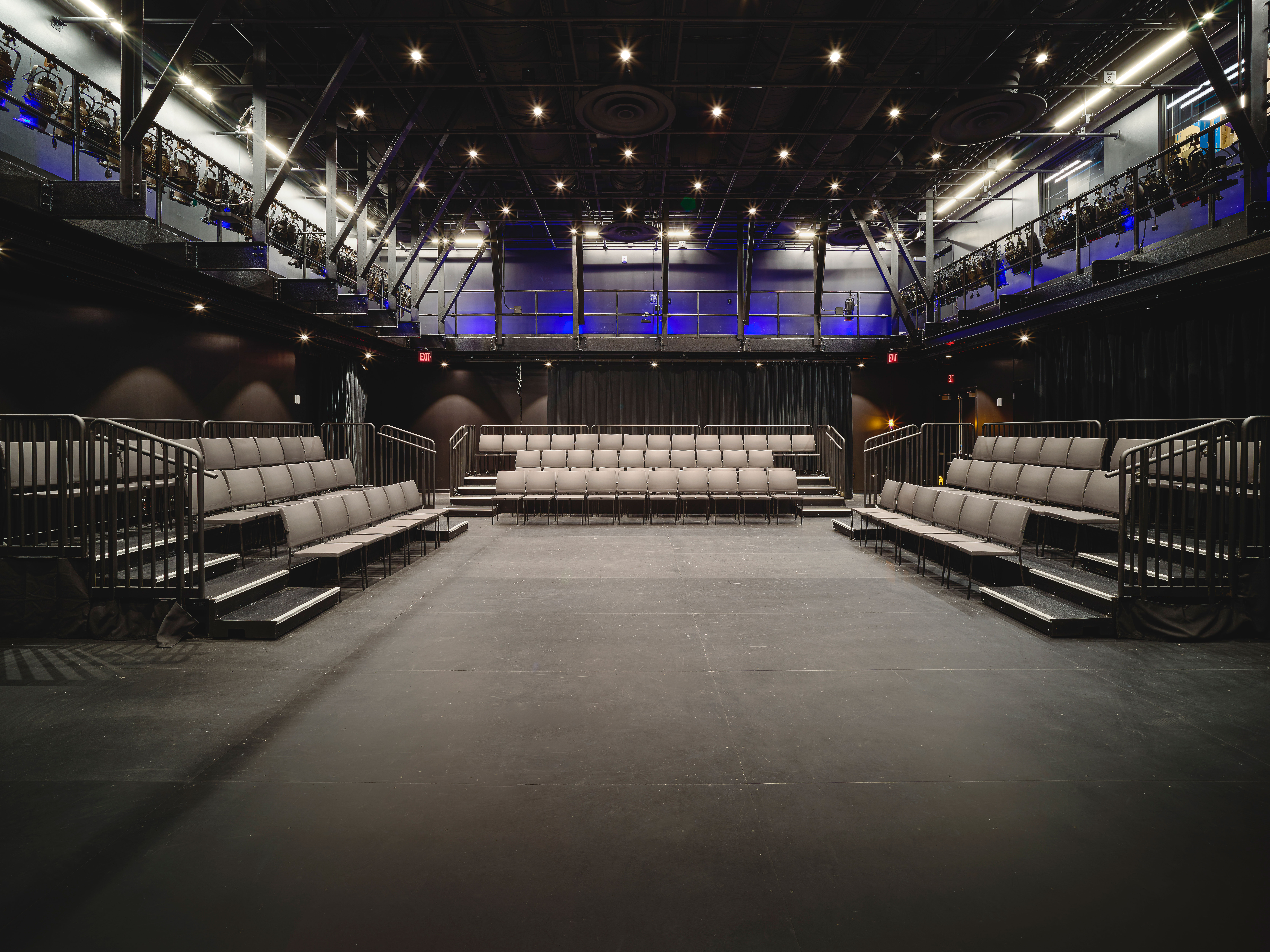 An interior shot of the Walter and Jean Kalberer Black Box Theatre
