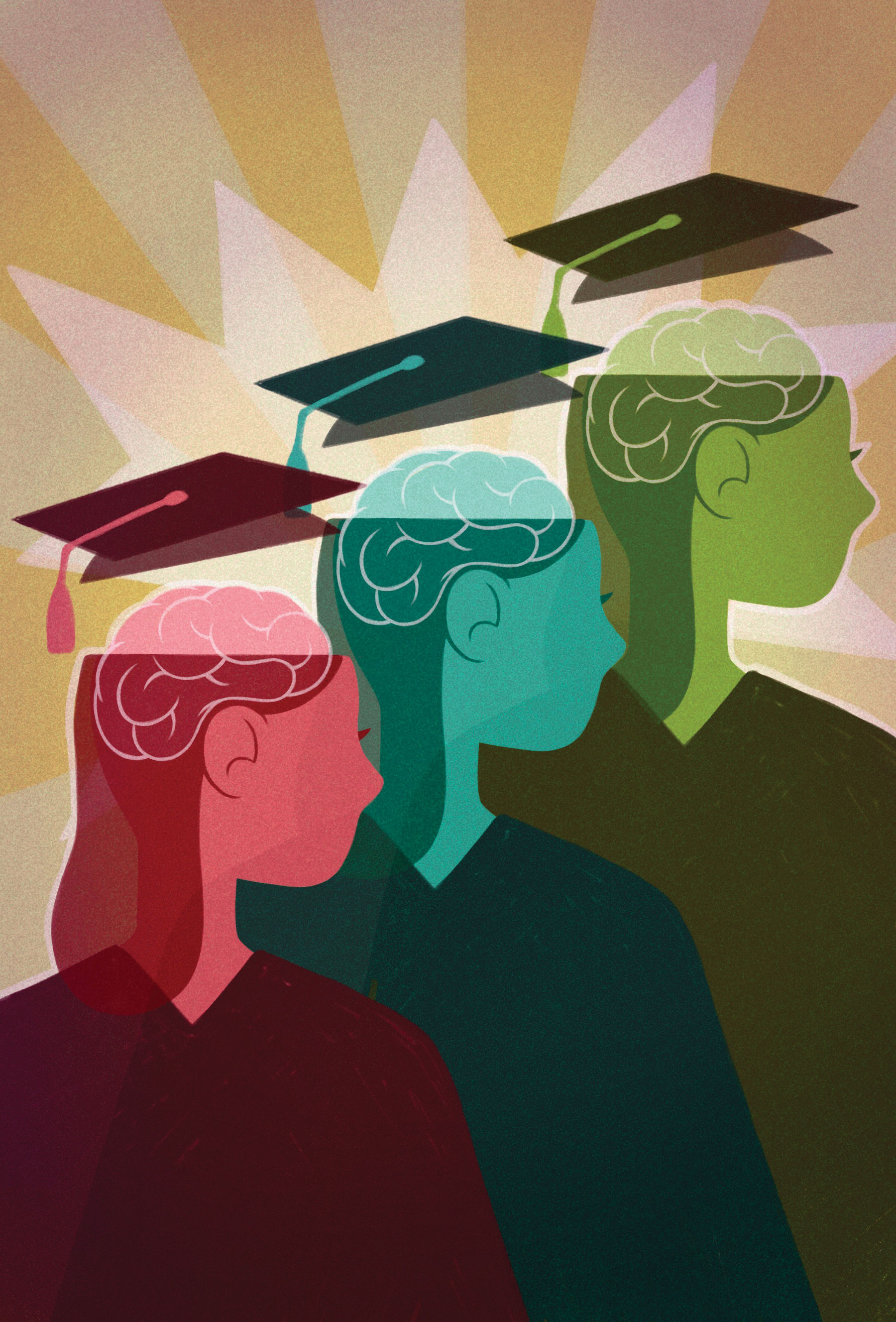 A design graphic of three graduating students and showing their brains 