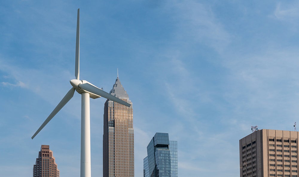 Photo of a wind turbine in Cleveland.