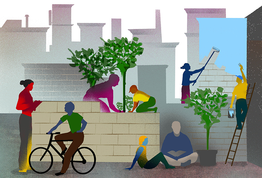 Illustration of four pairs of people doing activities together including painting, reading and planting a garden with a city skyscape behind them.