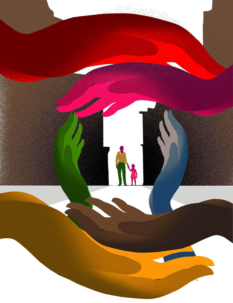 Illustration of helping hands surrounding an adult and child.