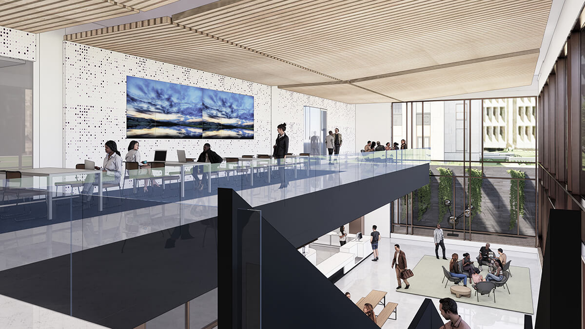 Interior rendering of two floor entry area of the new Interdisciplinary Science and Engineering Building that Case Western Reserve plans to construct.