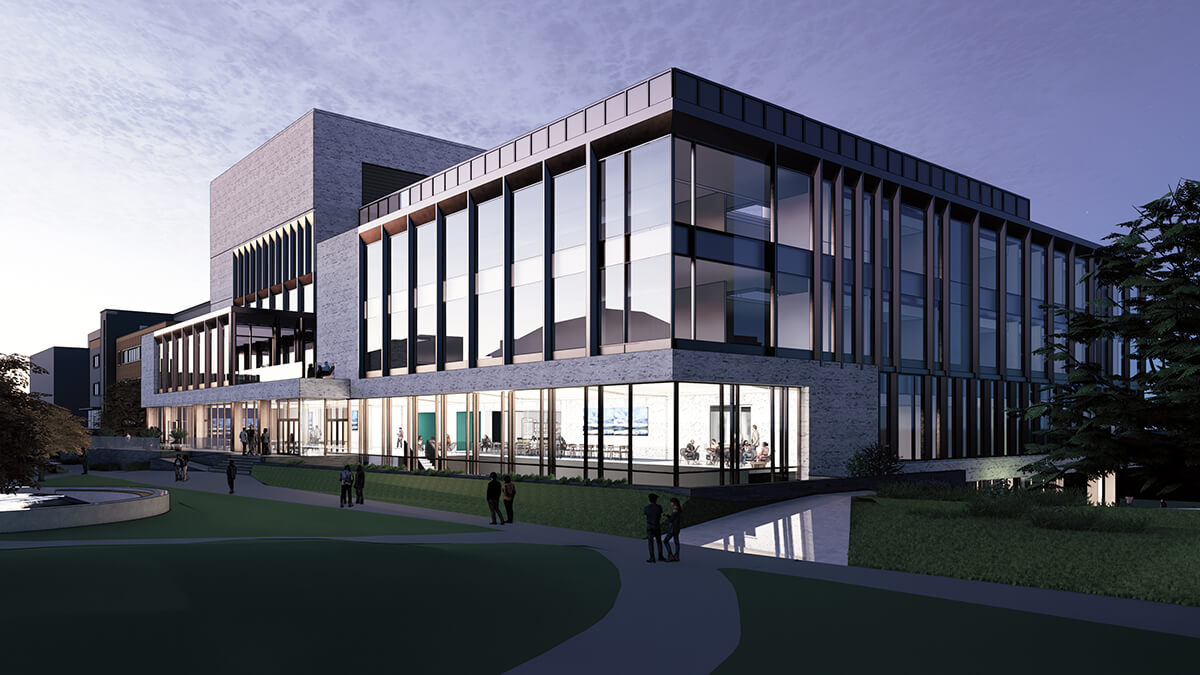 Outdoor rendering of the planned Interdisciplinary Science and Engineering Building at dusk.