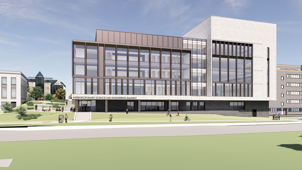 Rendering of the planned Interdisciplinary Science and Engineering Building showing the exterior of the western side facing Martin Luther King Jr. Drive.