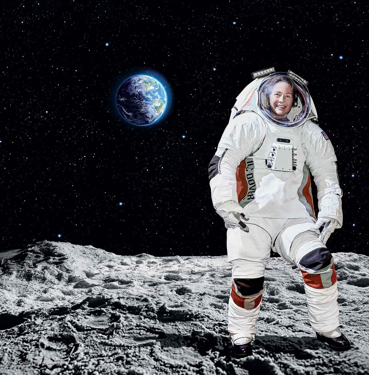 Rendering of an astronaut wearing a new spacesuit and standing on the moon with Earth in the background.