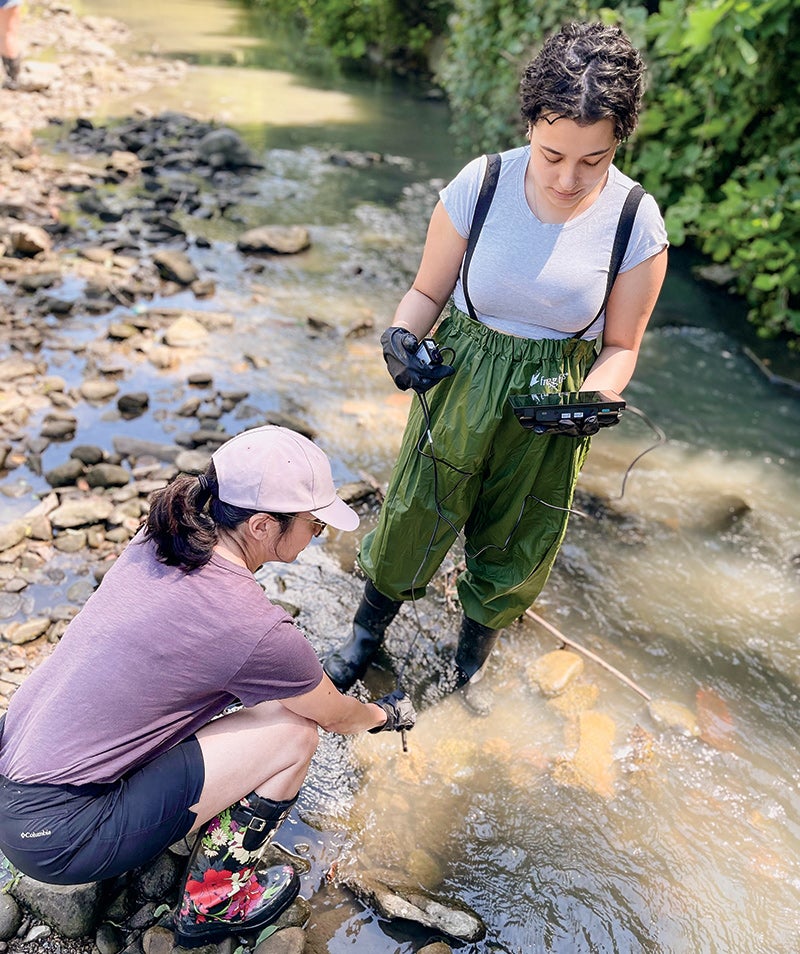 Image of 2 people in a stream, one sitting on a rock and the other standing as they work on an analysis of electrical conductivity in water.