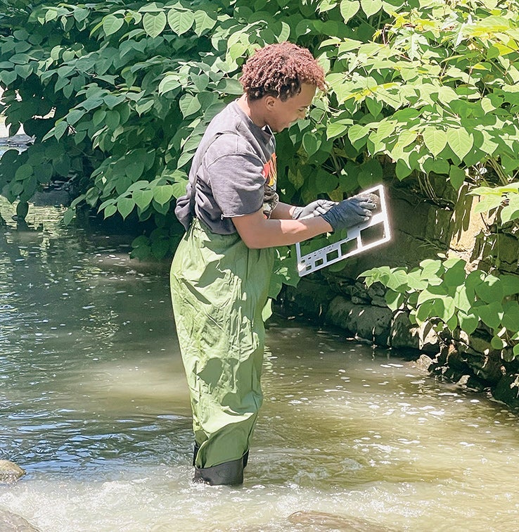 A student standing in a stream that's almost up to his knees to estimate the size of rocks in the water.