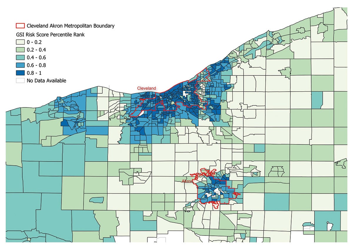 A map of Northeast Ohio that highlights the Cleveland and Akron areas and shows using a color-coded system which areas are at higher risk for cardiovascular problems.