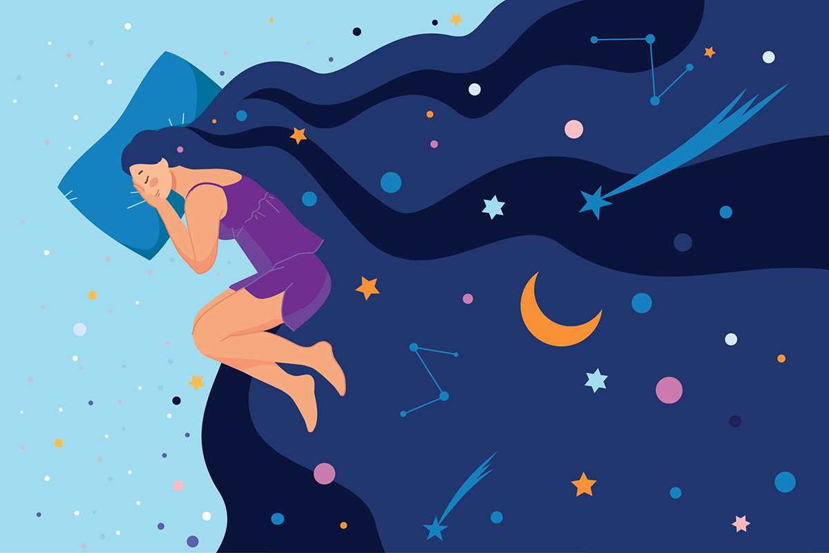 A whimsical illustration of a person sleeping amid colorful stars and the moon.