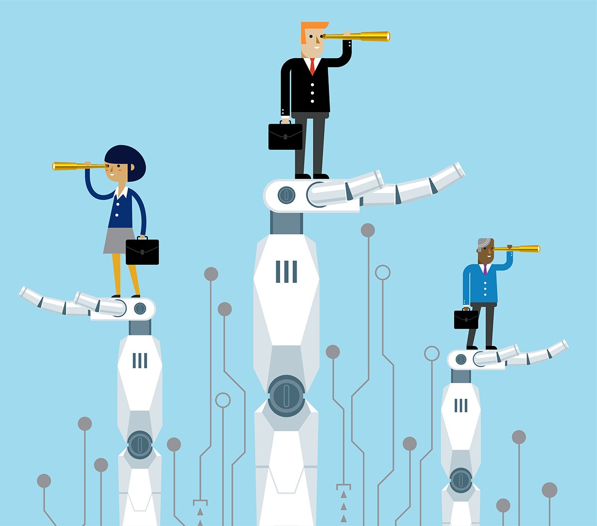 An illustration of three people standing on robots with telescopes looking to the horizon.