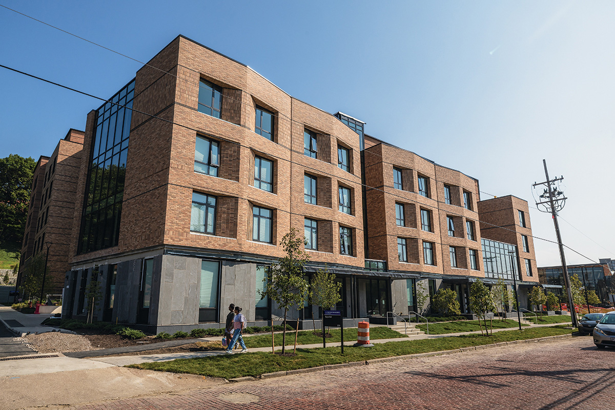 Exterior photo of a new residence hall.