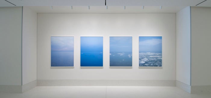 4 photographs of Lake Erie with the far right two showing the lake with ice