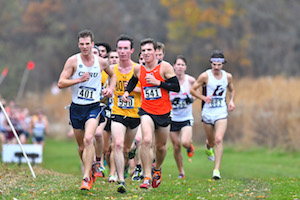 Photo of Case Western Reserve's Sam Merriman leading a pack of cross-country runners